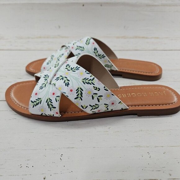 Jack Rogers Slone X Band Leather Slide Sandals White Daisy Floral Size 8.5 - Picture 2 of 8
